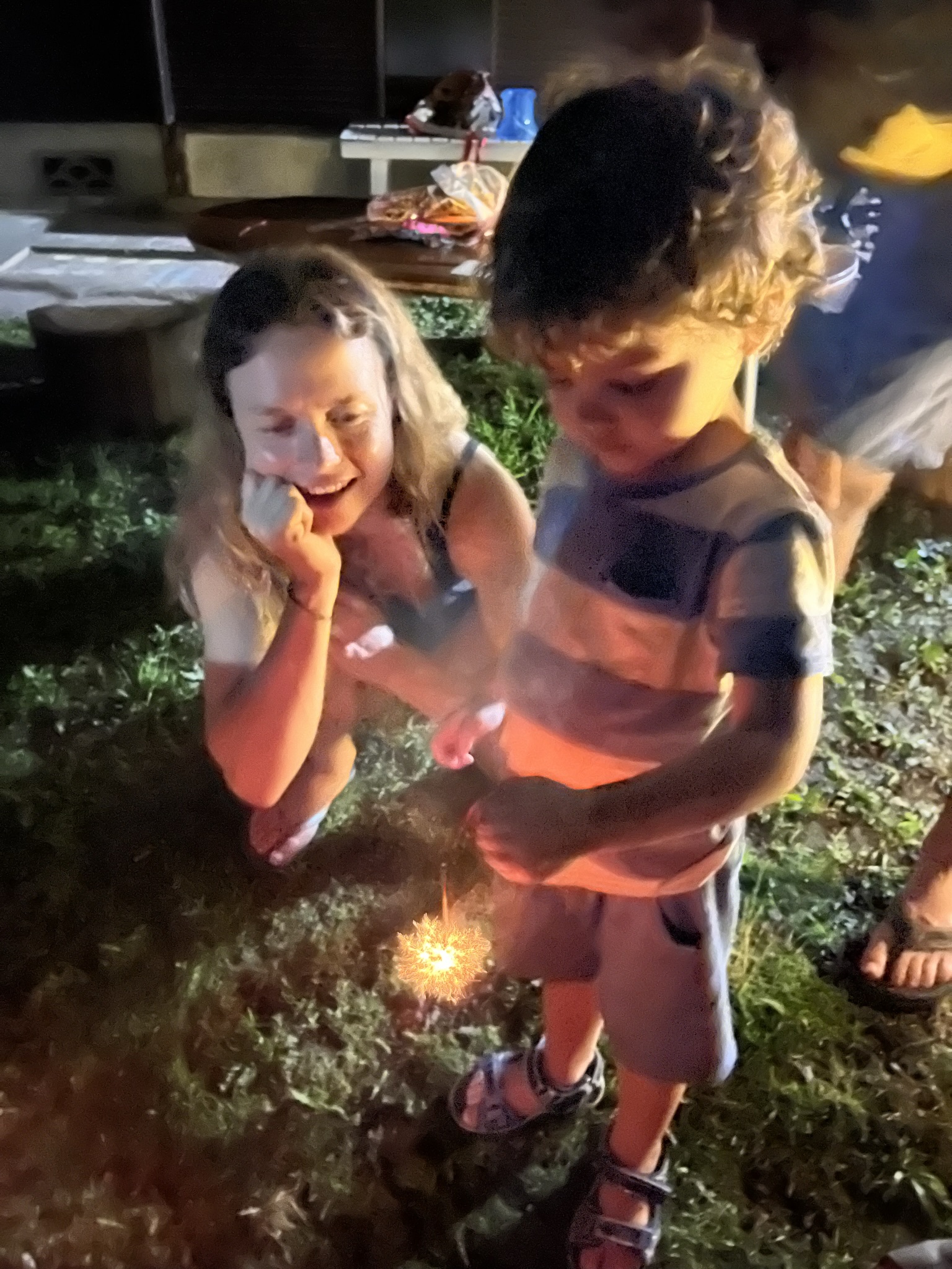 夜の花火を楽しむ子どもと大人
